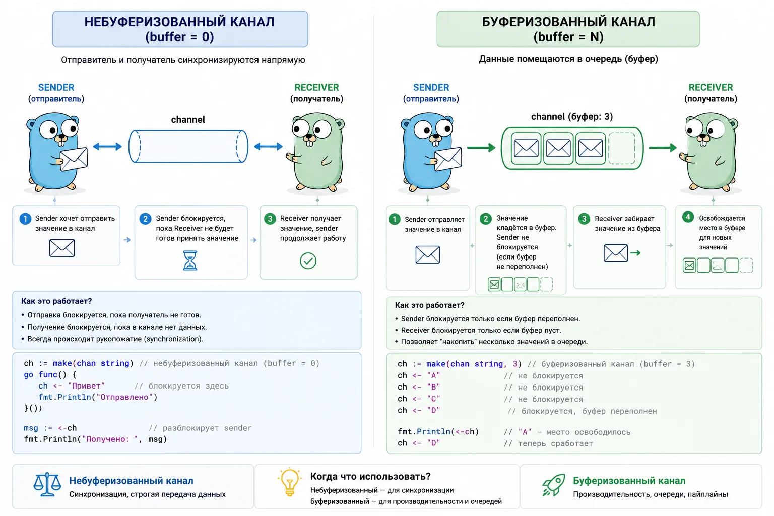 Сравнение небуферизованных и буферизованных каналов Golang